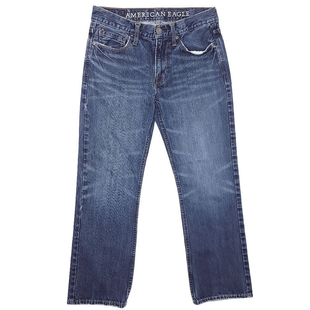 Y2K American Eagle Straight Jeans Mens 28x27 Blue 100% Cotton Distress 9.5" Rise